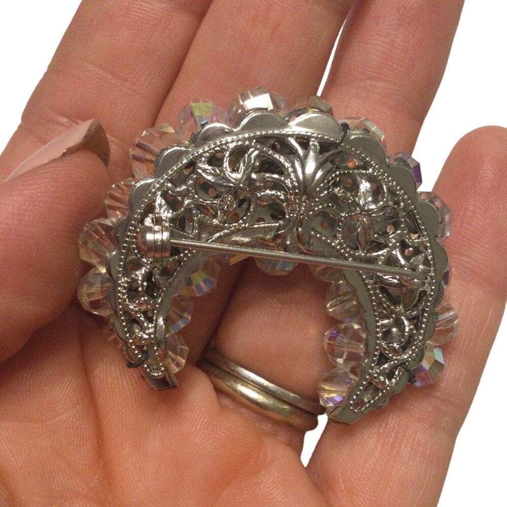 Vtg Glass bead brooch pin half moon crescent silver celestial astrology Islam 2" - Picture 5 of 9